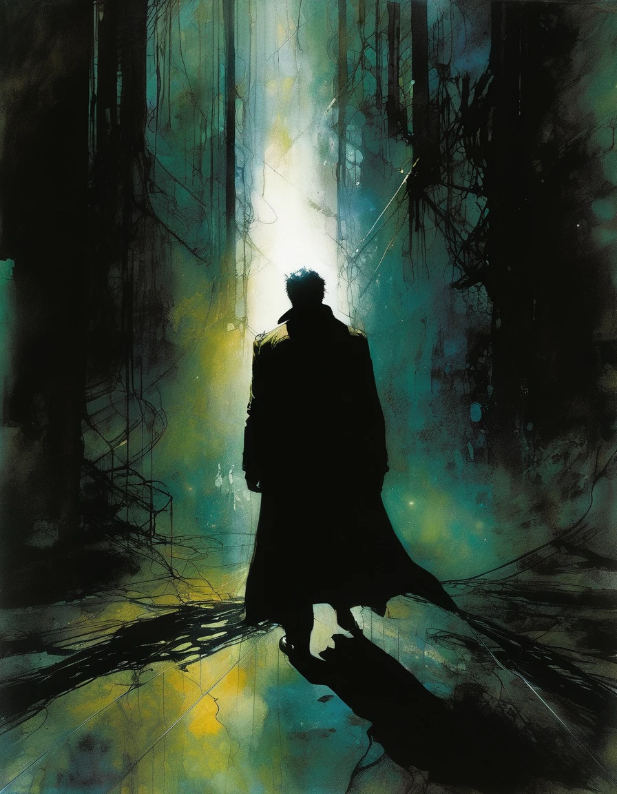 the man lost in oblivion, dark, horror, scifi, art inspired by Bill Sienkiewicz and Dave McKean
