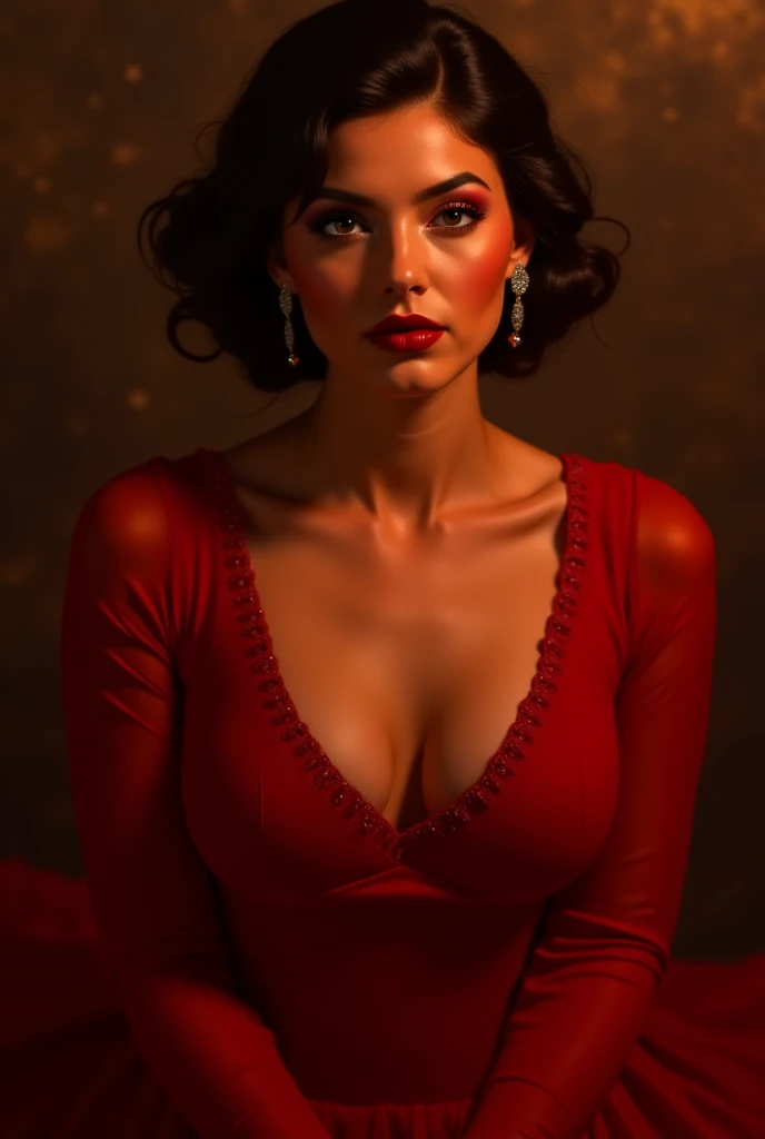 A close-up of a sensual, evil-smiling seduction scene in A Bewitching: A glamorous female singer with overwhelming beauty and heavy makeup, wearing her stage costume of a crimsonred satin off-shoulder dress with glitter, suddenly appears from the shadows of an unoccupied, eerily bright ship's corridor and seductively beckons a lost man. The man succumbs to his carnal desires and gives in to the temptation, losing himself in the pursuit of the woman's voluptuous buttocks as he is led along. The woman, who entered the elevator first, urges him to enter, saying that they will do something naughty inside, when the elevator is broken, and in fact the entire bottom panel has fallen out, revealing an abyss inside the shaft. She is a lost evil spirit who lures the living to death. Demonic, evil and lascivious grin showing teeth and oral, head tilted back, seductive gaze, looking at the viewer, From the side, pov, focus on woman, bust shot, bright and strong overall lighting, brunette with short permed hair, reflective blue eyes, shining red lips that look wet, aesthetic, glamorous, soft and curvy, bodycon, pale skin, neck, collarbone, shoulders, full upper chest, Emphasized breast fullness, upper breast, deep cleavage, saggy huge breasts, cinched waist, Beautiful ass like a ripe peach,  seductive pose using both hands, perfect anatomy, ideal facial features, ideally proportioned figure, perfectly beautiful body, white glistening skin, super detailed skin, glossy skin, masterpiece, incredibly absurd res, absolutely resolution, ultra high res, magnificent raw photo, extremely realistic, 16k wallpaper
