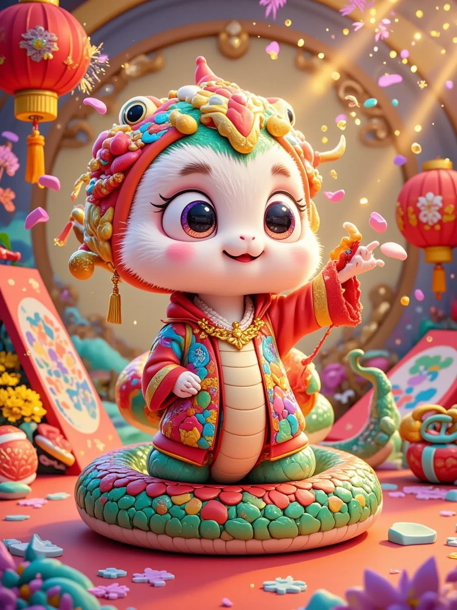 Masterpiece, (fine quality), very detailed, looks super detailed, Q version, big eyes, cute shape, surrounded by Chinese Mahjong, New Year elements, Chinese Year of the Snake, Green Snake, Fireworks, Lanterns, Couplets, Snowflakes, Chibi, Cartoon, Tempera, clay, high contrast tones, vibrant colors, complementary colors, warm tones