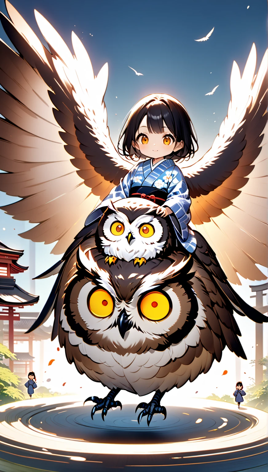  A girl is riding a giant owl , Japanese style yukata ，Hzk,    Ultra Miniature Girl   , 