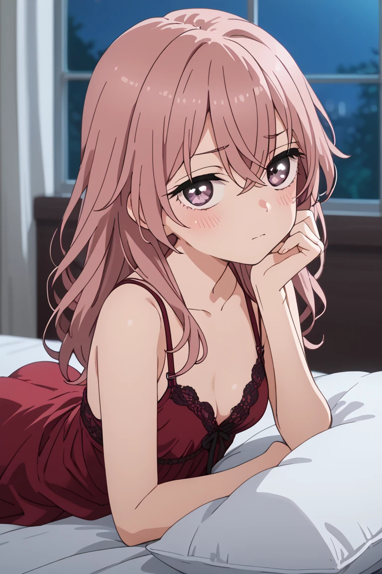 sajuna inui,anime screencap,1girl,solo,pink hair,long hair,bangs,hair between eyes, small breasts,                      BREAK  cleavage, looking at viewer, dimly light, nightgown, night, windows, bedrrom, blush, black-red lingerie,bra,blush,petite,indoor, ass, on stomach, from behind, thick thighs, 1girl, solo, pillow, looking at viewer, looking back, ass-from-behind, shy, whole body, feet