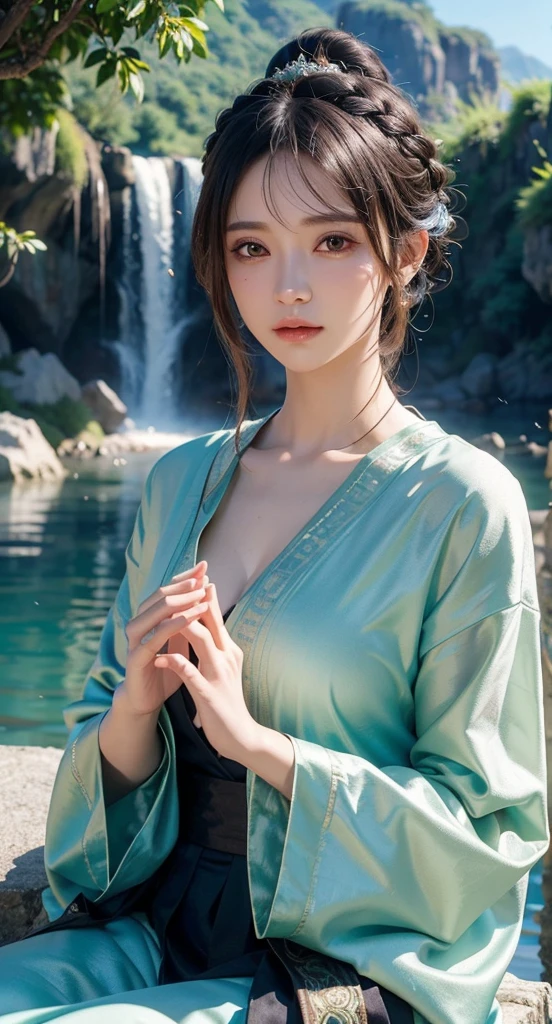  A woman in ancient clothes meditates beside green mountains and water, intricate ornate Anime CGI style, 4k detail fantasy, Anime CGI, Movie goddess close-up , Smooth Anime CG Art, Close-up characters, Ultra fine fantasy character , Game CG