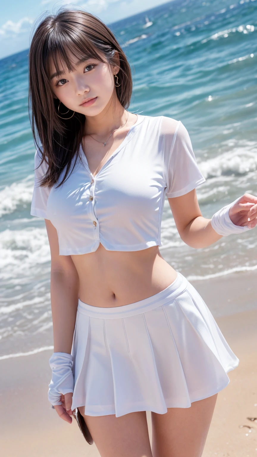 (8k, masterpiece, RAW photo, best quality:1.4), (photo realistic:1.2), professional photograph, well-defined contours, extremely beautiful face, detailed face, stunning face, (extremely beautiful Japanese actress dressed in sleeveless shirt with skirt, walking along the beach with happy smile, while flowing hair), (ideal body proportions, full body:1.1), 1 lady, 24 years old, model posing, emphasized beautiful bodyline, elegant vibe, enchanting smile, soothing expression, optimal lighting and angle, background with seamless integration of sunlight, splashes, gentle waves
