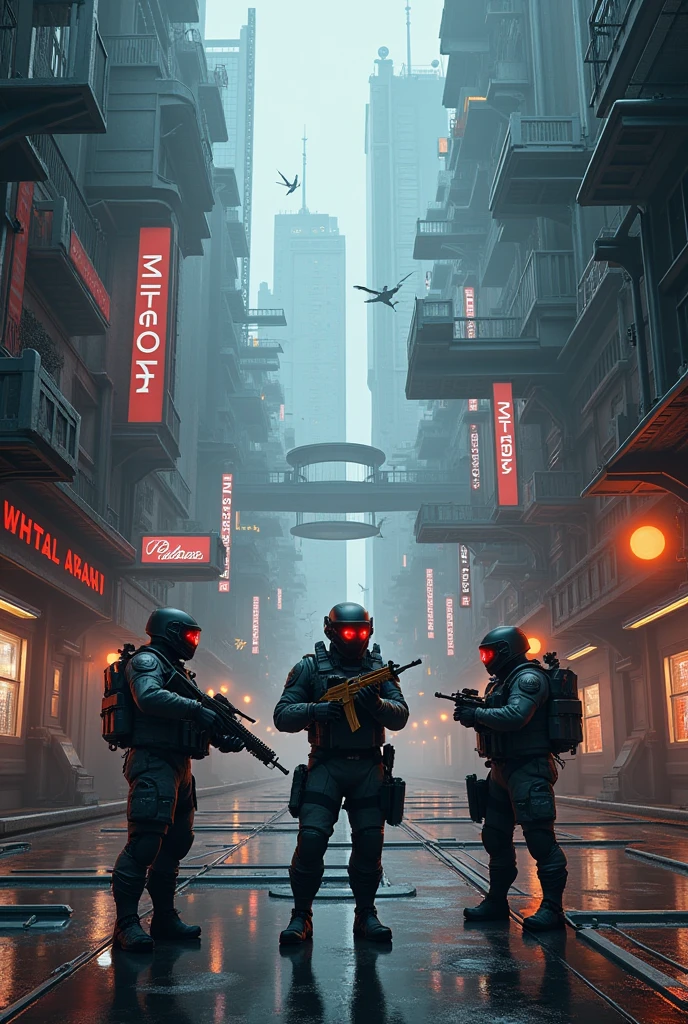 masterpiece, best quality, cyberpunk, anti-utopia, depressed, the city, skyscrapers, neon signs, military equipment, flames all around, very huge clouds of smoke, a large military crowd, military humans with cyberpunk guns in cybersuits, blood red hues, cinematic shot, depth of field