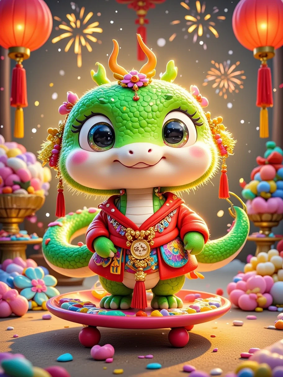 Masterpiece, (fine quality), very detailed, looks super detailed, Q version, big eyes, cute shape, surrounded by Chinese Mahjong, New Year elements, Chinese Year of the Snake, Green Snake, Fireworks, Lanterns, Couplets, Snowflakes, Chibi, Cartoon, Tempera, clay, high contrast tones, vibrant colors, complementary colors, warm tones