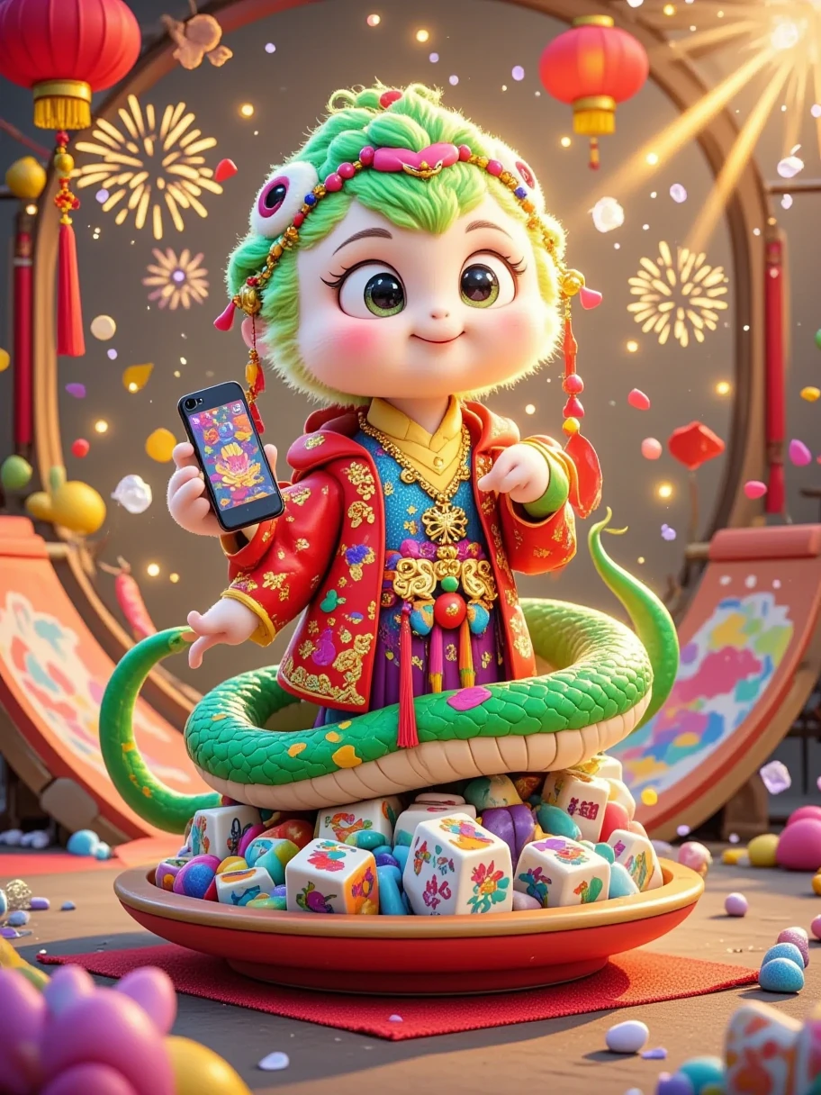 Masterpiece, (fine quality), very detailed, looks super detailed, Q version, big eyes, cute shape, surrounded by Chinese Mahjong, New Year elements, Chinese Year of the Snake, Green Snake, Fireworks, Lanterns, Couplets, Snowflakes, Chibi, Cartoon, Tempera, clay, high contrast tones, vibrant colors, complementary colors, warm tones