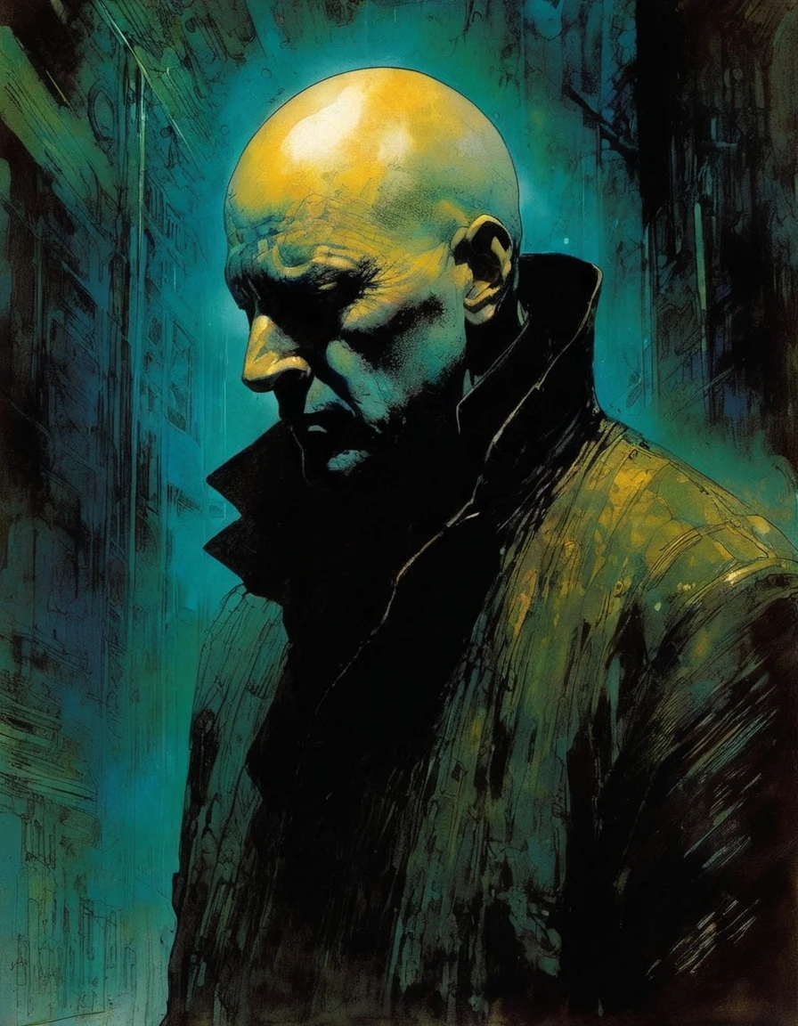 the bald man lost in oblivion, dark, horror, scifi, art inspired by Bill Sienkiewicz and Dave McKean
