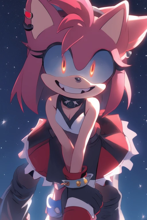 ((masterpiece)) ((UHD)) 4K, High detailed, ((detailed shadowing)) Female anthropomorphic hedgehog, Amy Rose, mobian, bright pink fur, furry, Anime style art, Studio Quality, Atractive, gorgeous body, close up portrait, Best Quality, High resolution, breasts, midriff, multicolored hair pink messy, frizzy, short Punk Hair with red highlights, red hair bow, long bangs, orange eyes, navy blue eyeshadow, red blue crop top with blue bows, red trim, black bracelets, long white gloves, black choker, earrings, red and black striped skirt, long black & red punk boots,red striped stockings, creepy smile, wide- eyed, crazy, bonkers, unhinged, Looking down at viewer, ((nighttime)) ((starry sky)) ((ambient lighting)) (cinematic lighting)) creepy carnival background