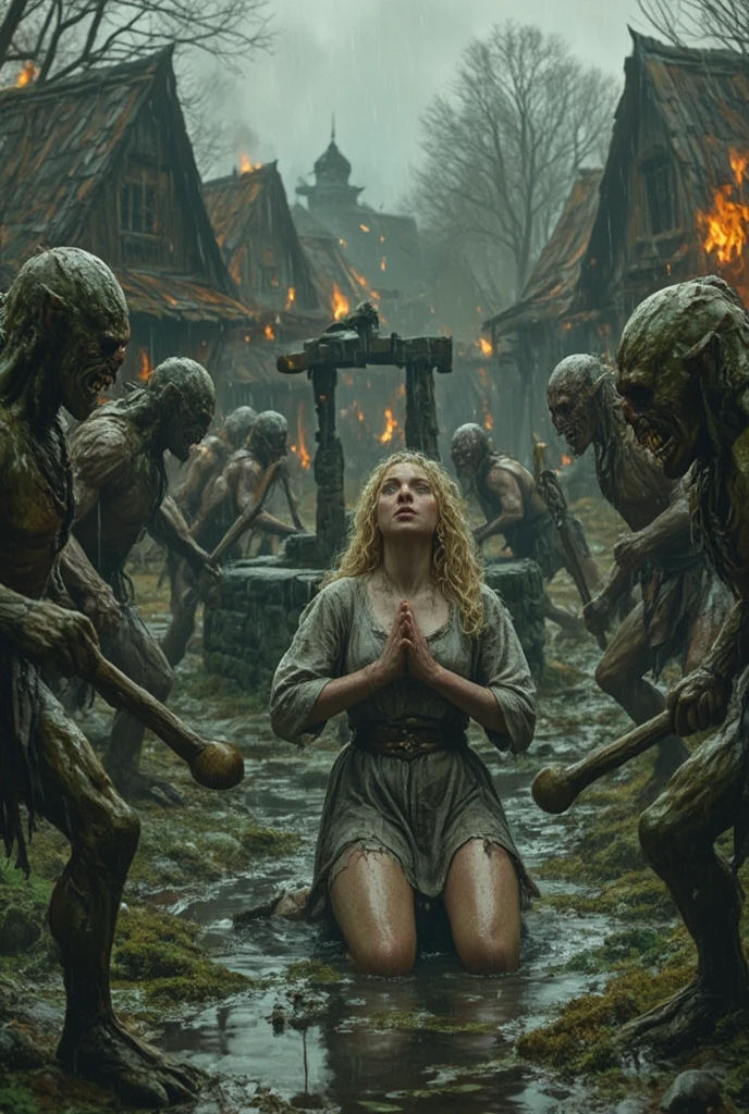 Part 6 : (( high resolution,  ultra-detailed frame )),  ((  focusing on the subtle details and atmosphere of the stage))spring,  Rainy weather , medieval themes, all characters are visible in the frame, arras: - fat , green, naked with huge clubs in her hands ,  have sharp teeth , long claws, A vile face. 
 1- In the background We see a burning village in a swamp ,  the square with a stone well in the center of the square ,  small burning wooden houses covered with moss;
- naked women in the background , Torn clothes,  kill creatures ,  goblins ;
 - three goblins surrounded a blonde girl in torn dirty and wet medieval linen clothes, gray torn ,  a leaky blouse and a torn leaky gray skirt revealing her bare feet wet and dirty in the swamp ,  with a beautiful face blond curly ,  long hair,  pale pink dirty skin ,  skinny girl with big beautiful breasts, round ass , , the girl is kneeling with her legs wide open , with your hands pressed to your chest in a praying position,  on the very beautiful face of a girl with plump beeps and reddened cheeks in freckles ,  expresses agony fear ,  horror and despair .