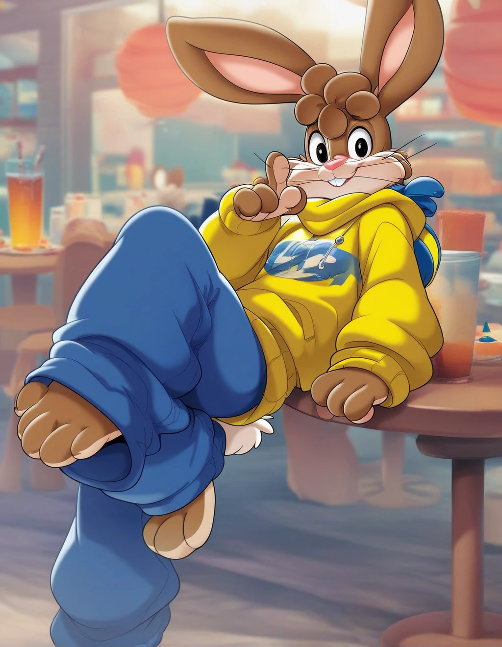 zPDXL3,quicky,4 fingers,brown fur, blue pants, yellow winter sweater, French style, sitting down at a table in a cafe, young 25 year old adult, 6 feet tall, cute version of quicky, cute rabbit hair, furry, rabbit, male, femboy, slim,solo,looking_at_viewer,