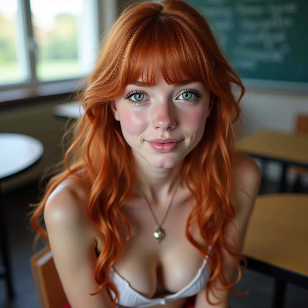 Naked young redhead teacher at the blackboard, drinks smerma from a condom