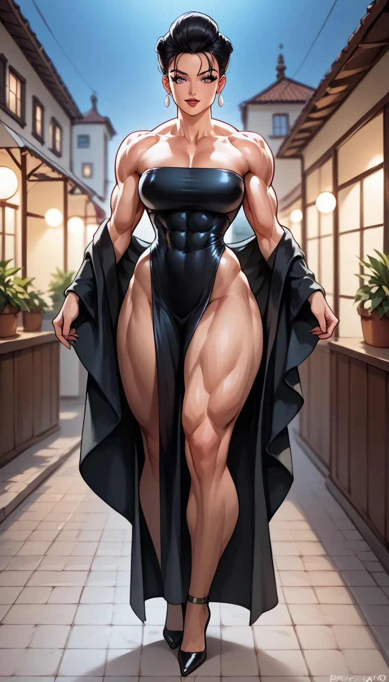 ((late evening)), ((hot summer evening)), ((muscular woman in a dark ally)), fullbody view, hypermuscular 19 yo ((russian)) woman, rich elitist girl, massive bulky (extremely muscular: 1.5), breathtakingly beautiful muscle woman, (long: 1.4) black hair, steel-hard hypermuscular body, haughty arrogant proud, muscular powerful bodybuilder physique, perfect flawless musculature, ((elegant black dress)), muscular thick arms