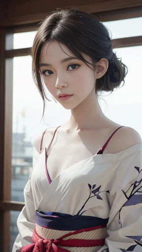 Mix 4, (8k, Live Shooting, Highest quality, masterpiece: 1.2), (Real, Photorealistic: 1.37), 一人のgirl, cute, night, rain, Wetty, Professional Lighting, Photon Mapping, Radio City, Physically Based Rendering, Gradient black hair, Gray Hair, Short Curly Hair, good looking, girl, Highest quality写真, High resolution, 1080P, (Clear Face), (Detailed face description), (Detailed hand description), (masterpiece), (Exquisite CG)、Extreme light and shadow、Disheveled Hair、Masterwork、Rich details、(Fine facial features)、(Highest qualityの写真)、(Masterpiece)、(Detailed eyes)、Look in front of you、Detailed clavicle、((Mid-breasted))、Nipple erection、Sexy、Lady、Clear、Smooth Hair、Clothes are not shiny、yukata、kimono、赤色の生地のkimono、花柄のkimono、Summer festival、stall、Begging expression、Looking up、Camera angle from above、The image angle depicts the woman from above.、Looking up、The gesture of looking at someone by turning only your eyes upwards、Slightly bowed、Looking up only with eyes、