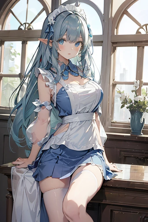 Green haired woman in blue outfit standing in front of stained glass, (light smile), [[[blue outfit]]], (((blue and white outfit))), (((long skirt))),  (((silky dress))), ((dynamic pose)), [Jewelry on the chest], ((Brue jewelry)),  1girl, [solo], [defRiveria], [Riveria Ljos Alf], (((very erotic body))), ((large breasts)), attractive face, beautiful face, well-formed face, elf, pointy ears, elf ears, [green hair], long hair, very long hair, shiny hair, extra long hair, straight hair, bangs, hair between eyes, [jade green eyes], detailed eyes, big eyes,  pale skin, white skin, shiny skin,  long legs, perfect leg, beautiful legs, thin waist, narrow waist, looking at viewer, (beautiful and detailed eyes), (extremely delicate eyes:1.3), (parted lips), ((perfect anatomy)), ((perfect hands)), ((perfect leg)) background: [cowboy shot], (indoors), [dutch angle], [[[large stained glass]]], [[Epic]], (clear) (effects): (((white tone))), [blue tone], (masterpiece), (best quality), (ultra detailed), (top quality), (high resolution), (sharp focus), (depth of field), (high res), (anime style), (highly detailed), (intricate detail), defRiveria,defRiveria,