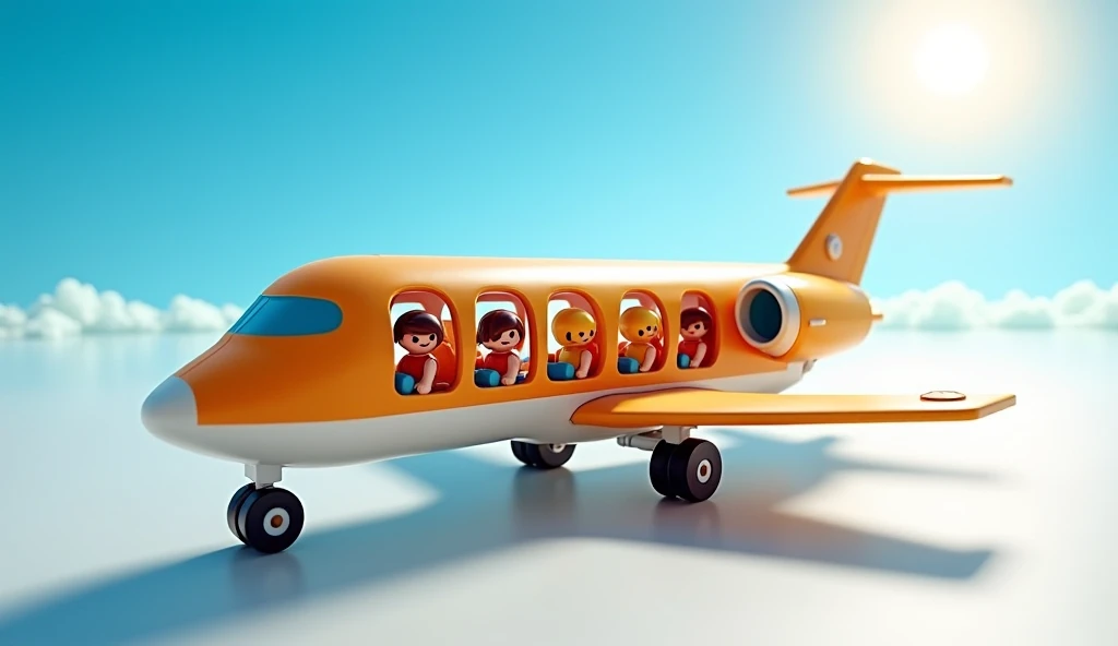 Create a cartoon image of a cute, fat plane flying in the sky with 8 cute cartoon characters sitting on it, including 1 character holding on to the plane's wings.