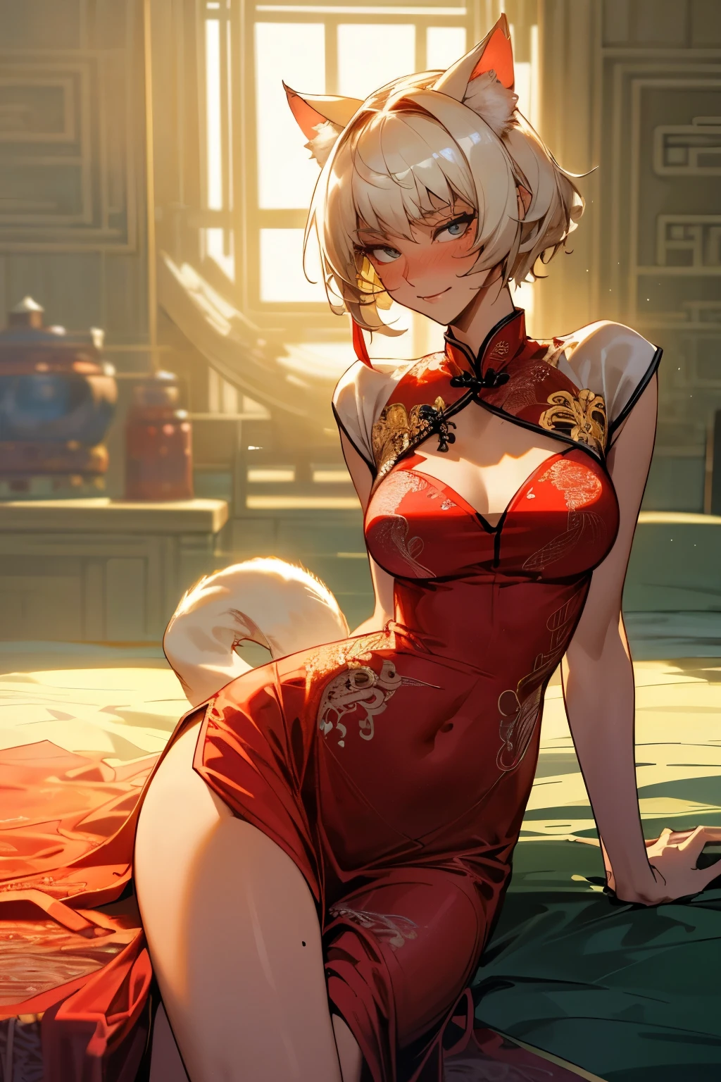 ((((masterpiece, Best Quality, High resolution)))), extremely detailed 8K, (sexy Beautiful 27 years cat lady with slim body:1.6), (Ultra HD, Ultra-detailed, Highly detailed, Highly realistic, Ultra-realistic, photos realistic),{ short depth of field, (god ray:1.2), (bounced front lighting:1.1), (soft diffused lighting:1.6) },white blonde short bob cut hair, (dynamic sexy poses), (very delicate and natural hair:1.3), facing at camera, light smile, (big firm breasts: 1.2), (very delicate and natural face, very delicate and natural eyes:1.3),(very delicate and natural clothes:1.2),(wearing glossy sea-through deep red long china dress, chests part of dress widely open, golden phoenix embroideries:1.6) (pink hard nipples pointing:1.3), Glow, very Sweat, (rays of sunshine, Sunlight), sexy long legs,Sexy, Blushing, (ultra realistic wide landscape, photogenic scenery:1.1), sitting in a dimamic sexy posing, fancy hotel room, very windy day, hair blowing in the wind