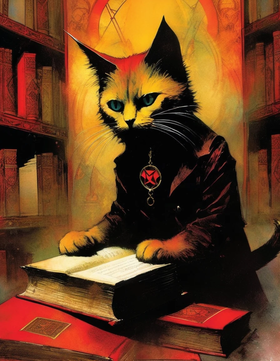 A cat in the satanic library, art inspired by Bill Sienkiewicz and Dave McKean
