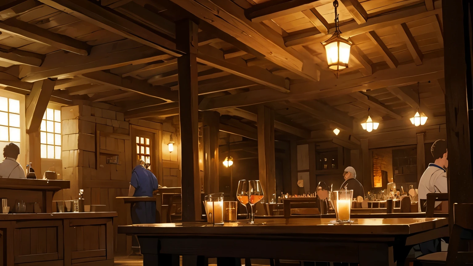 Inside a medieval European tavern, night