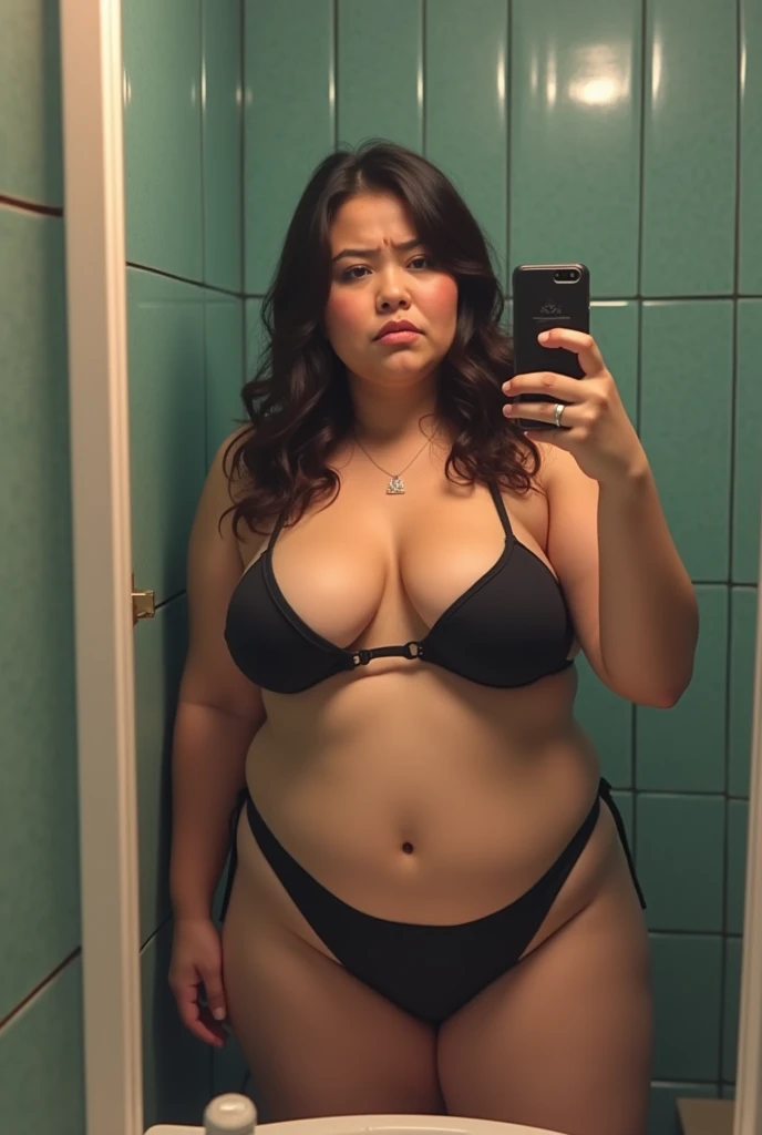 Pov fisheye camera view when pregnant fat plus size mother Cardi B has a big belly 9 months 39 weeks while taking a selfie wearing a bikini, wearing a watch while holding an iphone11 in front of the bathroom mirror with a bra that looks big. HD, cinematic, 32k UHD, ultra detail, extra-high sharpen, masterpiece