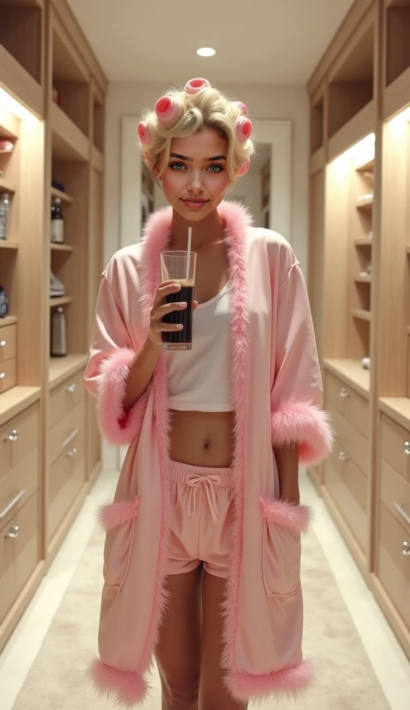 bearded woman, American, attractive, disheveled blond hair, amber eyes, half-open dressing gown, chest hair, chest hair, drinks coffee when she wakes up