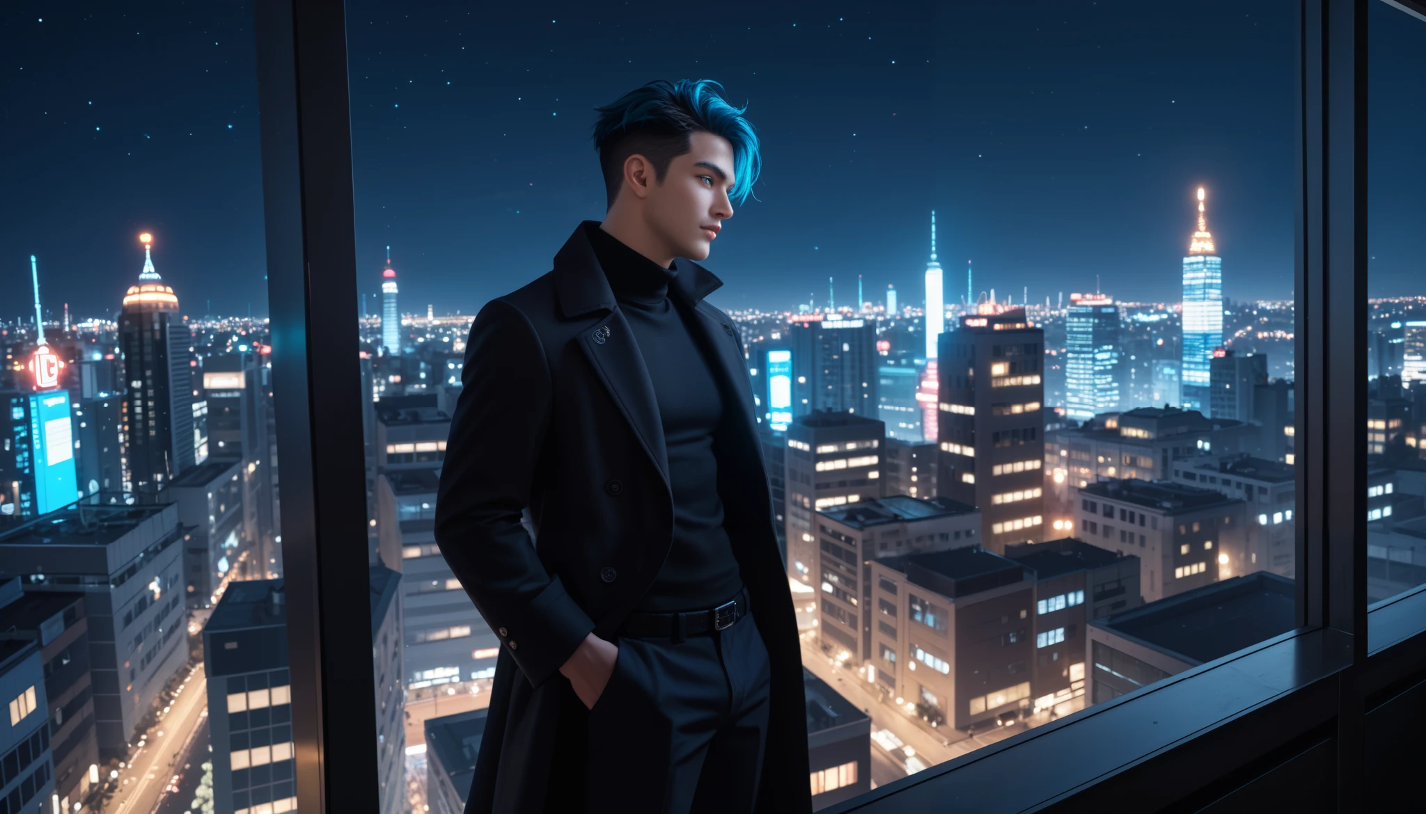 A hyper-realistic side-angle view of a man standing on the edge of a tall skyscraper, overlooking a sprawling cityscape at night. The man is dressed in a sleek black coat with a high collar and tailored black pants, exuding a sophisticated and enigmatic aura. His medium-length hair is slicked back perfectly, catching subtle highlights from the city lights. The city below glimmers with a mix of vibrant neon signs, glowing windows, and the soft hum of streetlights, creating a layered depth. The sky is a deep indigo, dotted with faint stars, and a slight haze adds atmosphere to the scene. The picture is taken from the right side of the character, emphasizing his poised stance and commanding presence. Cinematic lighting highlights his silhouette, with a soft key light illuminating his coat's texture and hair, while the rim lighting enhances the edges of his figure. The framing is wide yet intimate, capturing the vast city view while focusing on the hero's contemplative posture, evoking a sense of mystery and purpose.