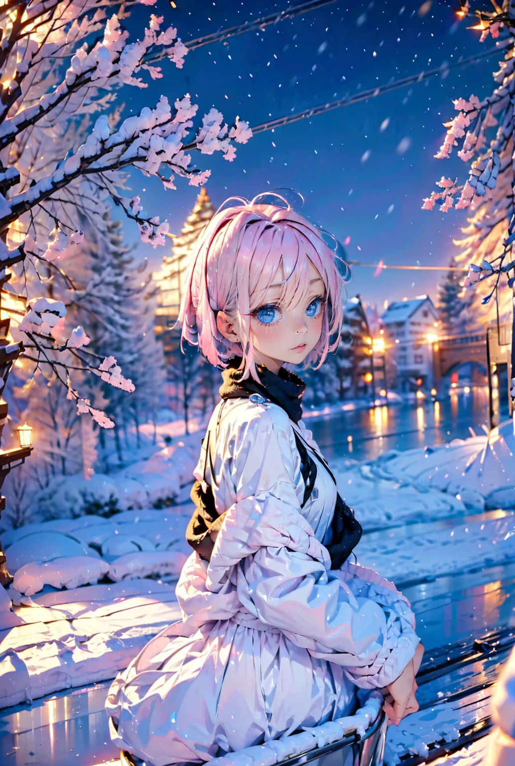 1girl,cute,solo,(((pink short hair,blue eyes))),
in train,the window at the snow,from side,