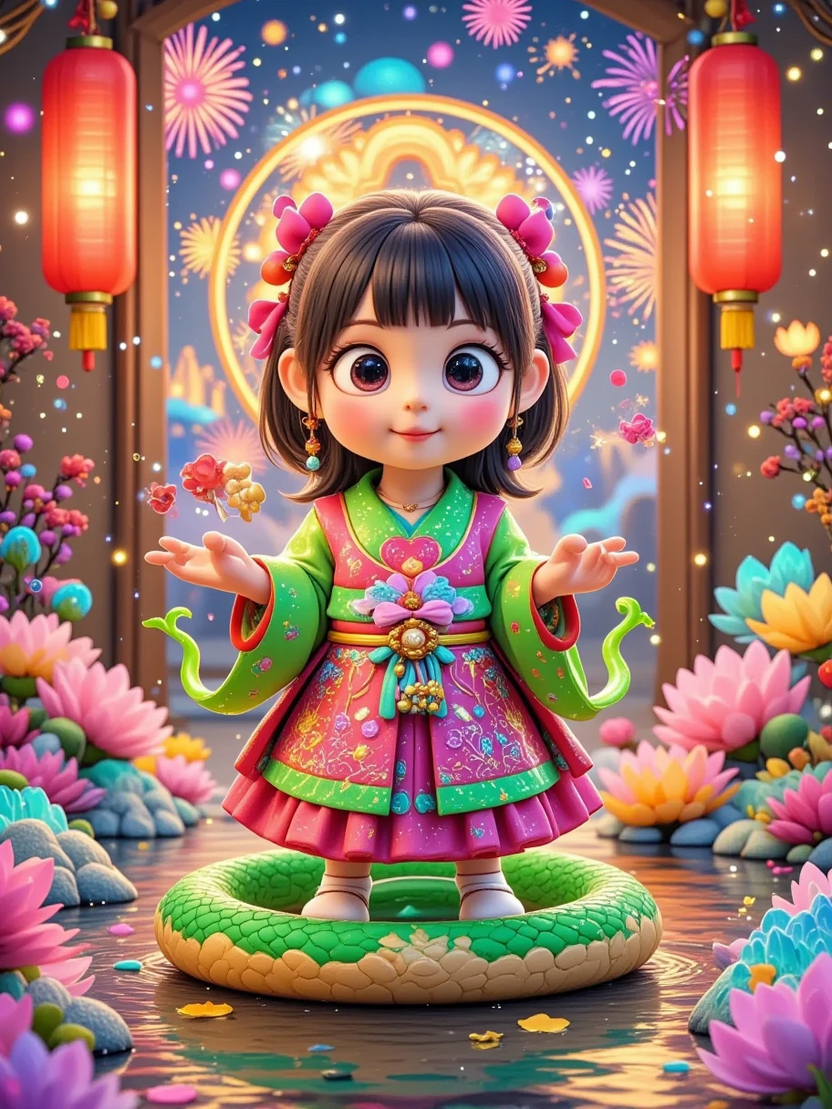 Masterpiece, (fine quality), very detailed, looks super detailed, Q version, big eyes, cute shape, surrounded by Chinese Mahjong, New Year elements, Chinese Year of the Snake, Green Snake, Fireworks, Lanterns, Couplets, Snowflakes, Chibi, Cartoon, Tempera, clay, high contrast tones, vibrant colors, complementary colors, warm tones