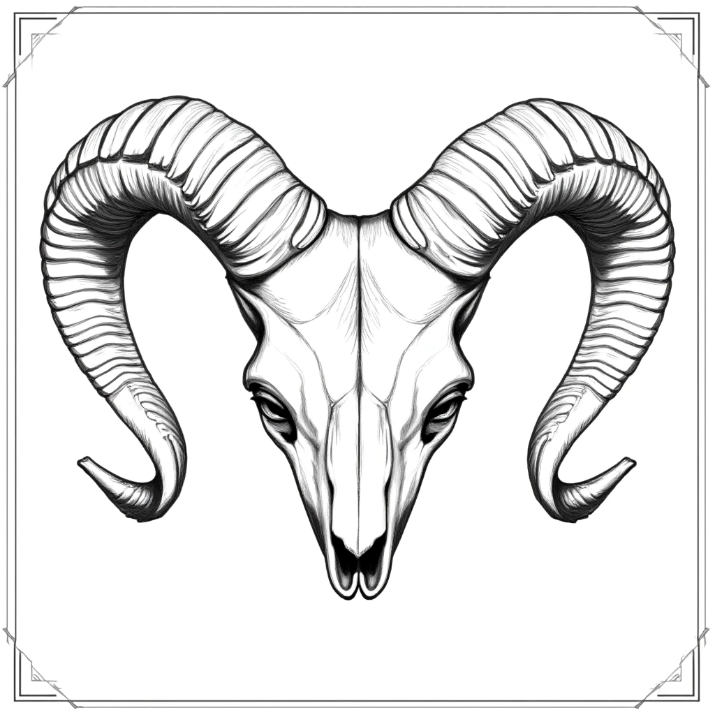 Decorative, (ram skull: 1.6) Detailed drawing, white background, black line drawing, (curly corners: 1.2), Art Deco, front view, skull