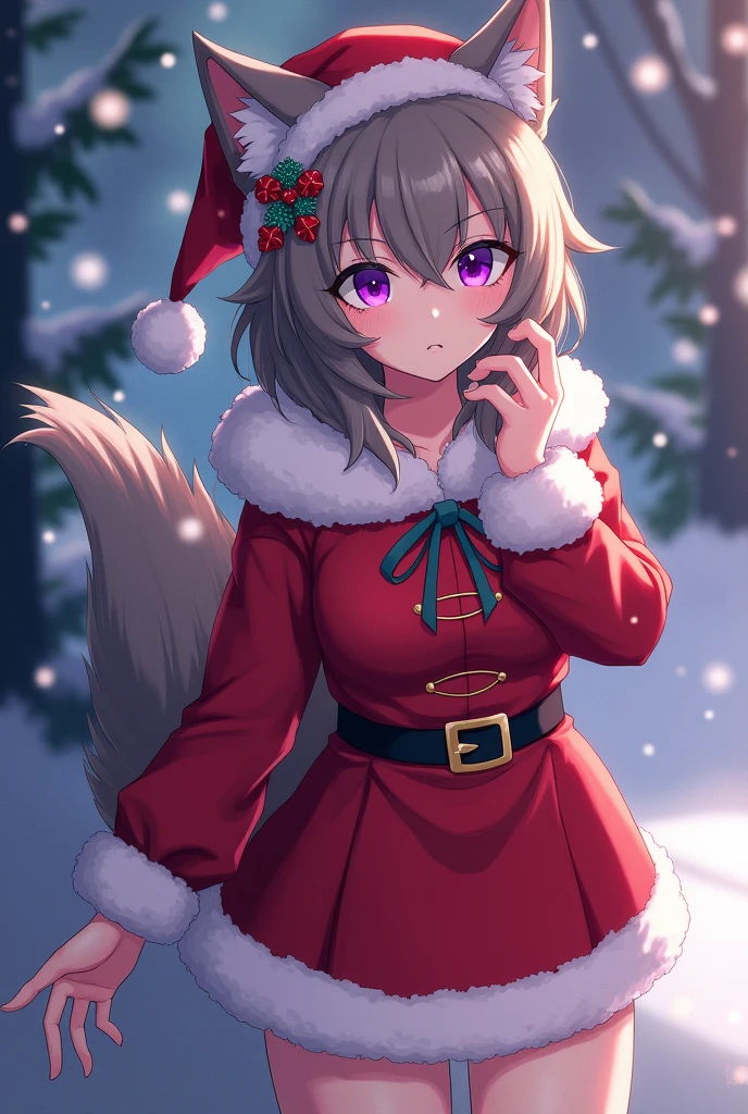 Delta Christmas costume from The Eminence of Shadow with wolf ears and tail, violet eyes and a sexy