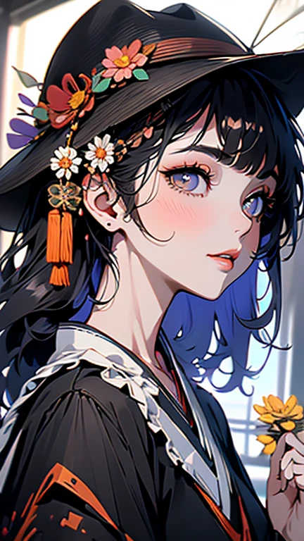  brown baller hat ,Round raccoon ears on a hat, with chrysanthemums and ribbons on the hat , long black hair , Amber Eyes , with highly rounded eyes ,baby face,  pink lips,  a beautiful blue Japanese kimono  ,fur,Black shorts,Magic circle on both hands, magic circle of blue light around the perimeter , wearing high clogs 