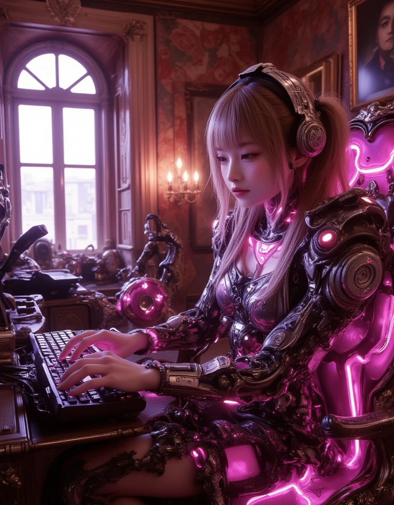 ultra-realistic, photorealistic, dramatic scene, shadow, global-illumination, solo, perfect anatomy, perfect fingers, (teenage Japanese famous idol girl but cyborg), very beautiful with very cute face, detailed face skin texture, (modern maid but cyborg), intricated complex cyber punk mechanical neon body, (her cyborg body is fully covered with extremely detailed futuristic mechanical armored suits), absolutely complex cyborg body, neon markers are integrated in her body, (very large breasts), slim waist, She is enjoying an online game using a desktop computer by herself at the desk in her room in old European castle, gorgeous antique gaming chair, neon marker integrated full-tower gaming computer, neon keyboard, antique furnishing, purple with pink