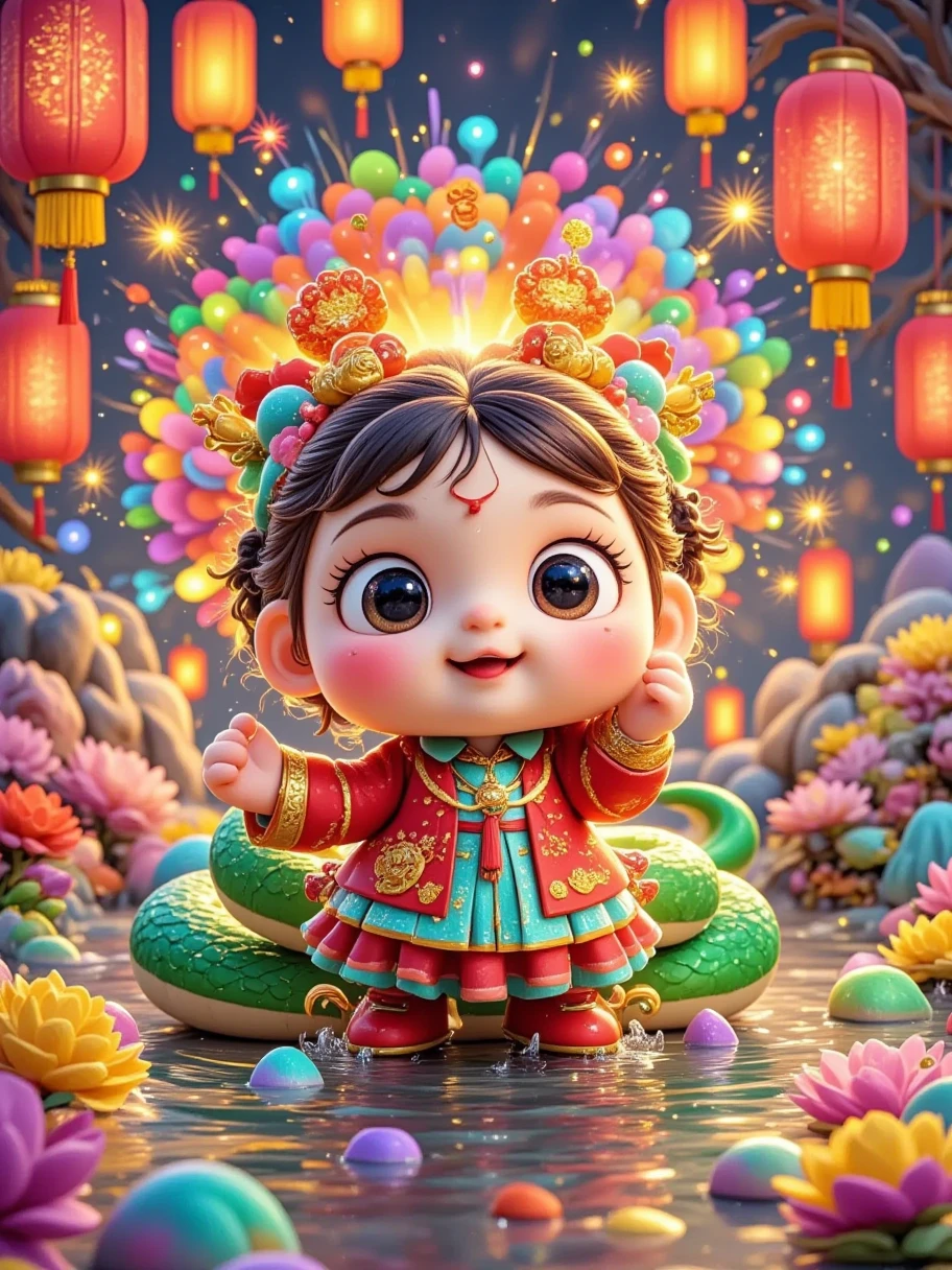 Masterpiece, (fine quality), very detailed, looks super detailed, Q version, big eyes, cute shape, surrounded by Chinese Mahjong, New Year elements, Chinese Year of the Snake, Green Snake, Fireworks, Lanterns, Couplets, Snowflakes, Chibi, Cartoon, Tempera, clay, high contrast tones, vibrant colors, complementary colors, warm tones