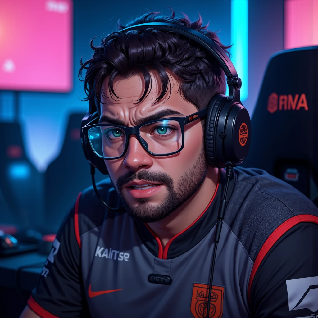 ((Masterpiece)), (best quality), (ultra-detailed), (ultra high-res), (realistic), (emotional), A **gritty esports scene** featuring **Glauber "PivA" Azarias**, also known as **"badpiva"**, captured in a ** moment of Happiness** after a **missed shot**. Set in a **dimly lit gaming arena**, illuminated by glowing **RGB lights**, the focus is on his **intense expression**. His **signature glasses** reflect the **monitor's glow**, and his **headset** is tilted slightly off, symbolizing **pressure and fatigue**. He wears a **worn-out jersey** with visible **sweat stains**, emphasizing the struggle against both **opponents and himself**. The camera angle is **low**, highlighting the raw **emotion and tension**. **Cinematic lighting** with deep **shadows** and vibrant **highlights** accentuates the **peripherals**, creating a **realistic and emotional portrayal** of an esports legend in a vulnerable moment. **(esports, pivalora1, frustration, gaming arena, RGB lights, cinematic lighting, emotional tension, realistic)**.  