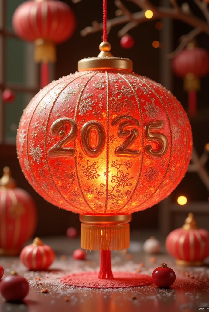 This is a digital artwork celebrating the Chinese New Year,specifically the year 2025,rendered in a vibrant,detailed,and slightly stylized CGI style. The main subject is a large,ornate red lantern with intricate,