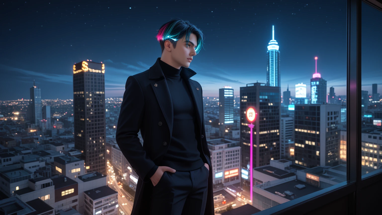 A hyper-realistic side-angle view of a man standing on the edge of a tall skyscraper, overlooking a sprawling cityscape at night. The man is dressed in a sleek black coat with a high collar and tailored black pants, exuding a sophisticated and enigmatic aura. (medium hair), (slick back hairstyle), catching subtle highlights from the city lights. The city below glimmers with a mix of vibrant neon signs, glowing windows, and the soft hum of streetlights, creating a layered depth. The sky is a deep indigo, dotted with faint stars, and a slight haze adds atmosphere to the scene. The picture is taken from the right side of the character, emphasizing his poised stance and commanding presence. Cinematic lighting highlights his silhouette, with a soft key light illuminating his coat's texture and hair, while the rim lighting enhances the edges of his figure. The framing is wide yet intimate, capturing the vast city view while focusing on the hero's contemplative posture, evoking a sense of mystery and purpose.