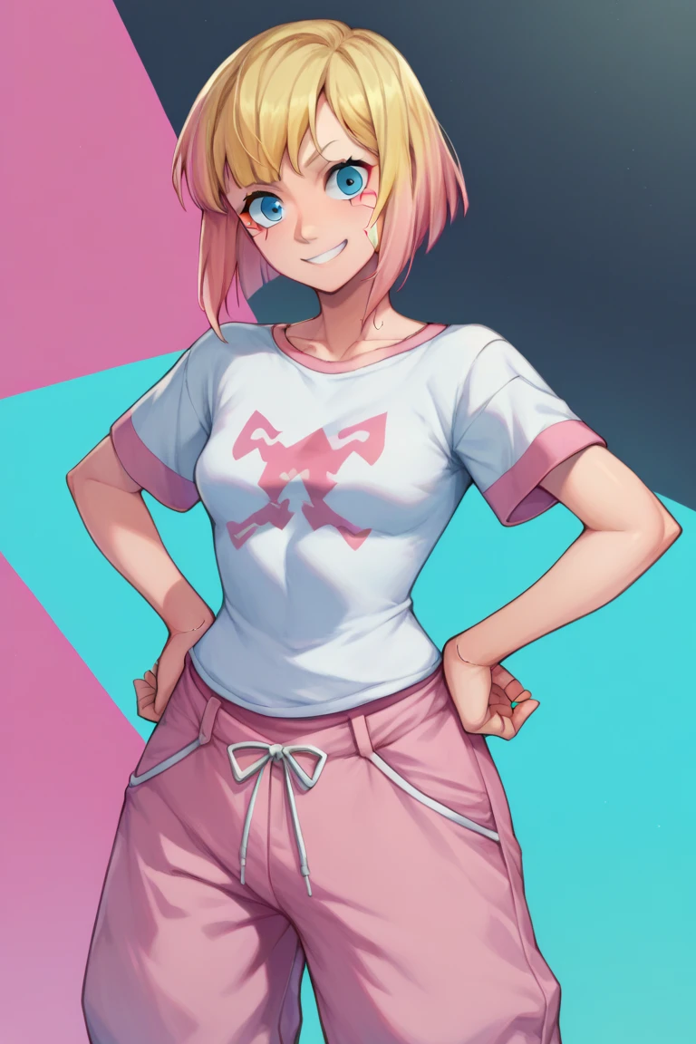 score_9, score_8_up, score_7_up, BREAK GwenpoolSDXL, 1girl, Blonde hair, Medium hair, blue eyes, anime girl, small breasts, pink t-shirt, cyberpunk city background, hands on hips,baggy pants, pink pants, smile, looking at viewer 