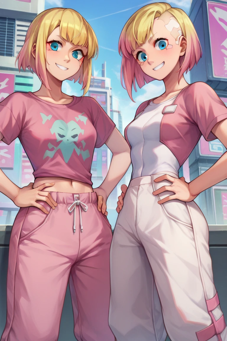 score_9, score_8_up, score_7_up, BREAK GwenpoolSDXL, 1girl, Blonde hair, Medium hair, blue eyes, anime girl, small breasts, pink t-shirt, cyberpunk city background, hands on hips,baggy pants, pink pants, smile, looking at viewer 