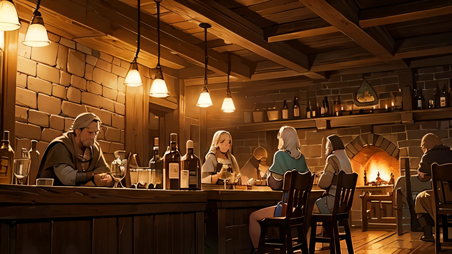 there are many people sitting at a bar in a tavern, inside a tavern, tavern background, a multidimensional cozy tavern, fantasy tavern background, medieval tavern, dimly-lit cozy tavern, in a medieval tavern at night, dimly lit cozy tavern, taverns nighttime lifestyle, in fantasy tavern near fireplace, medieval d&d mood, tavern