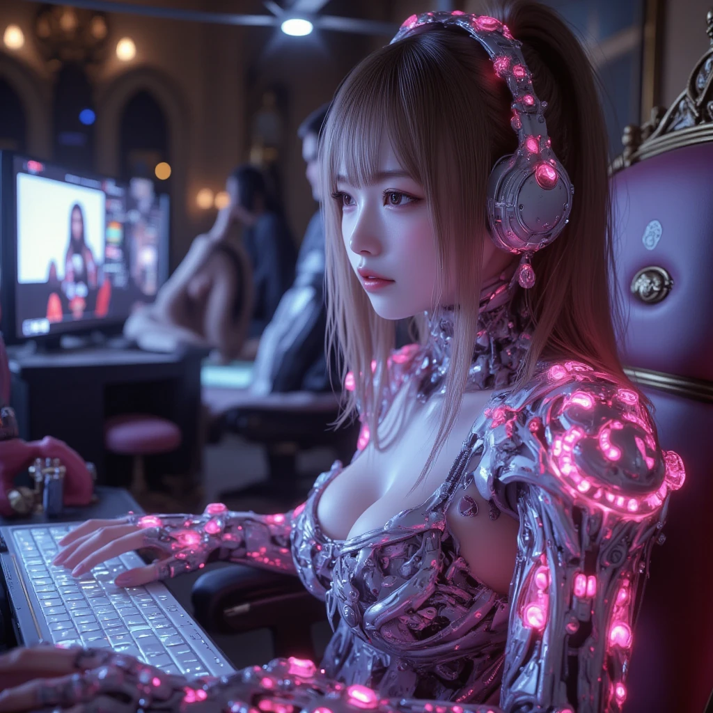 ultra-realistic, photorealistic, dramatic scene, shadow, global-illumination, solo, perfect anatomy, perfect fingers, (teenage Japanese famous idol girl but cyborg), very beautiful with very cute face, detailed face skin texture, (modern maid but cyborg), intricated complex cyber punk mechanical neon body, (her cyborg body is fully covered with extremely detailed futuristic mechanical armored suits), absolutely complex cyborg body, neon markers are integrated in her body, (very large breasts), slim waist, She is enjoying an online game using a desktop computer by herself at the desk in her room in old European castle, gorgeous antique gaming chair, neon marker integrated full-tower gaming computer, neon keyboard, antique furnishing, purple with pink