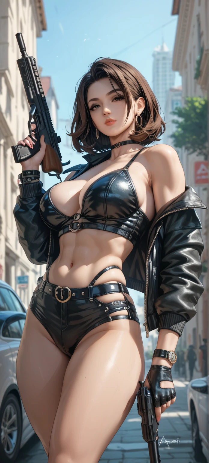 Beautiful young woman is looking at the viewer,1girl,short black hair,beautiful light brown eyes,sexy black open belly shirt ,sexy black and blue pants,big breasts,sexy thighs,sexy pose,cute hip,light serious face,white background,anime,masterpiece,8k,very high quality,standing pose