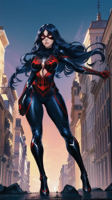 (1girl:1.3), solo, __body-parts__, official art, unified 8k wallpaper, super detailed, beautiful and aesthetic, beautiful, masterpiece, best quality, raw, masterpiece, super fine photo, best quality, super high resolution, photorealistic realism, sunlight, full body portrait, amazing beauty,, dynamic pose, delicate face, vibrant eyes, (from the front), she is wearing a Spider-man suit, red and black color scheme, spider, very detailed abandoned warehouse background, Detailed face, detailed complex busy background, messy, gorgeous, milky white, highly detailed skin, realistic skin details, visible pores, sharp focus, volumetric fog, 8k uhd, DSLR, high quality, film grain, fair skin, photo realism, lomography, huge metropolis in future dystopia, seen from below, translucent