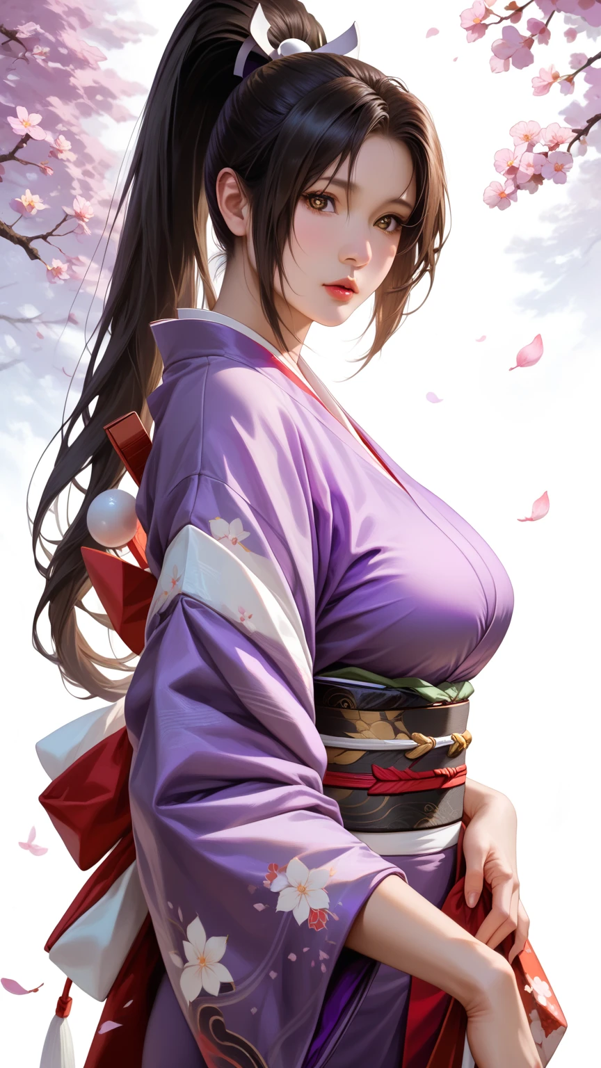 score_9,score_8_up,score_7_up,high res image,masterpiece,best quality,realistic,Mai Shiranui,(plump:1.7),(black pupil:1.2),(brown black hair:1.3),(High ponytail:1.3),(kimono:1.4),(purple clothes:1.4),