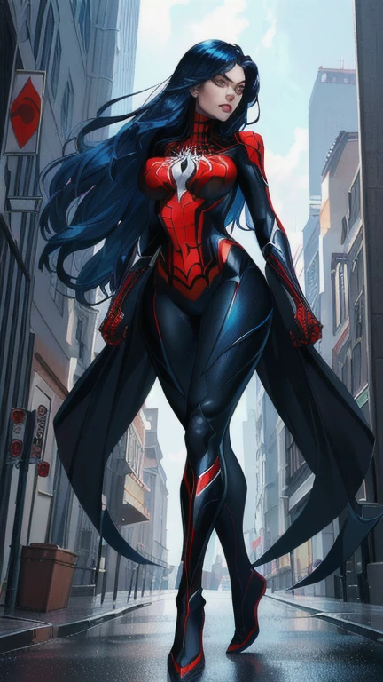 ((Masterpiece, best quality)), Spider-Man costume, One women, young, (large breasts:1.1), (hero view), ruined city background, fumefx, fire, colour saturation 70 percent, full body shot, clear fingers