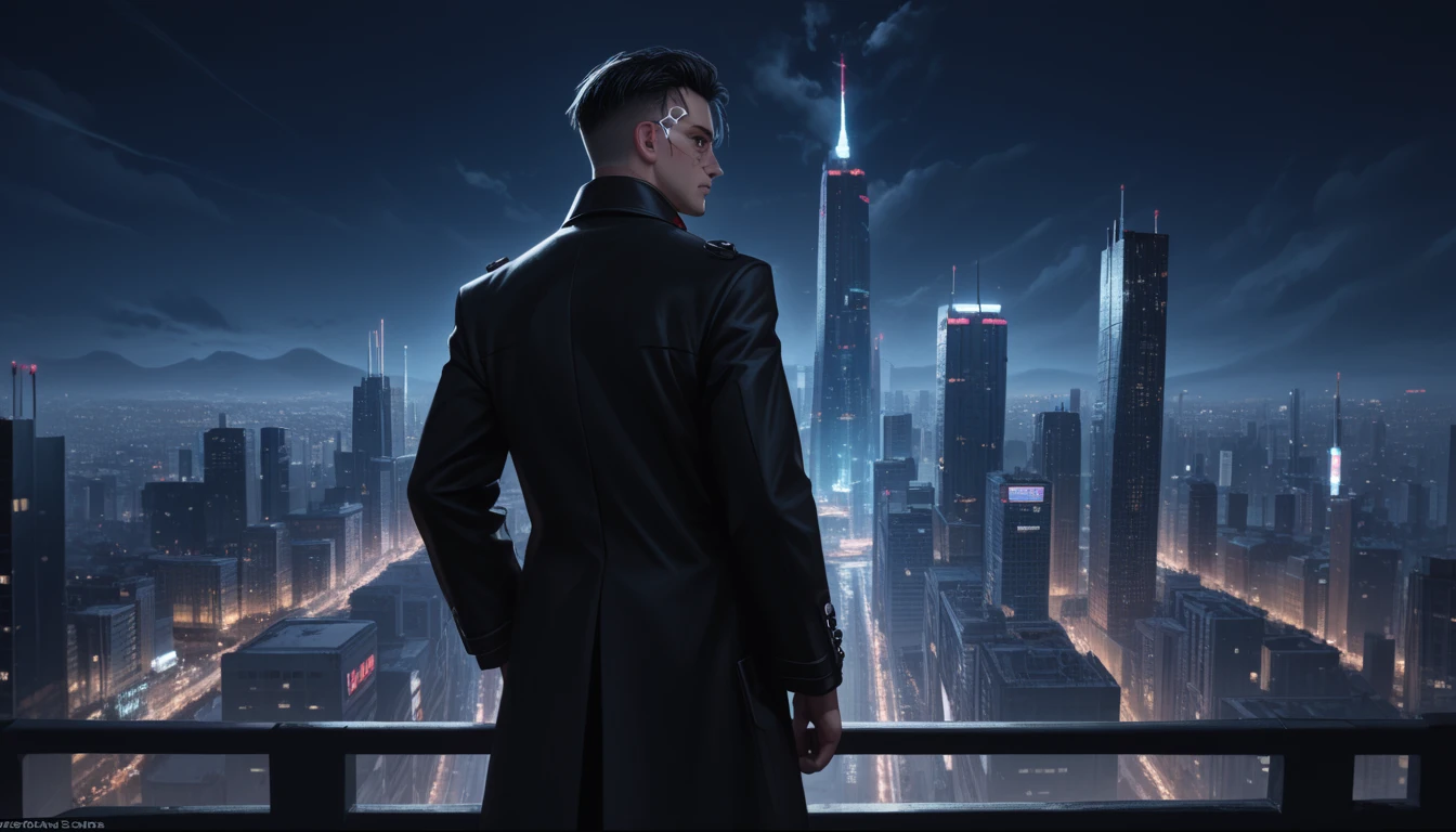 anime man looking out over a city at night, beaten tech. neo noir style, in front of a sci fi cityscape, neo noir style, cyberpunk noir, he is traversing a shadowy city, neo - noir style, stylized urban fantasy artwork, beaten city. neo noir style, overlooking a modern city, harry potter in cyberpunk, modern cyberpunk anime