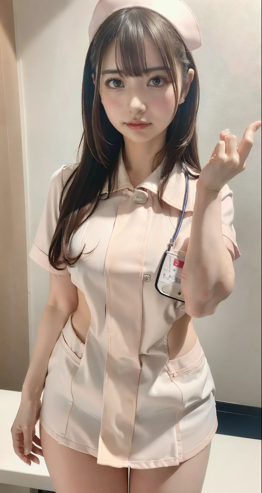 ( super real ), ( realistic, top quality realistic textured skin ), ( high res), ( top quality , 8k),((Best realistic illustration)), ( beautiful detailed eyes), ( ULTRA DETAIL), (masterpiece), ( hospital exam room ), ( detailed face ), ( cute girl), ( 1 girl), ((( nurse uniform ))), ( Japanese woman in her 20s), (Obscene, glamorous and perfect body), slim, sexy, ( exposed long legs ), (Big and lively , clevis on a stone), seductive woman, ( long hair, bangs), ( random pose ), ((((A beautiful body with extreme accuracy and detail))))
