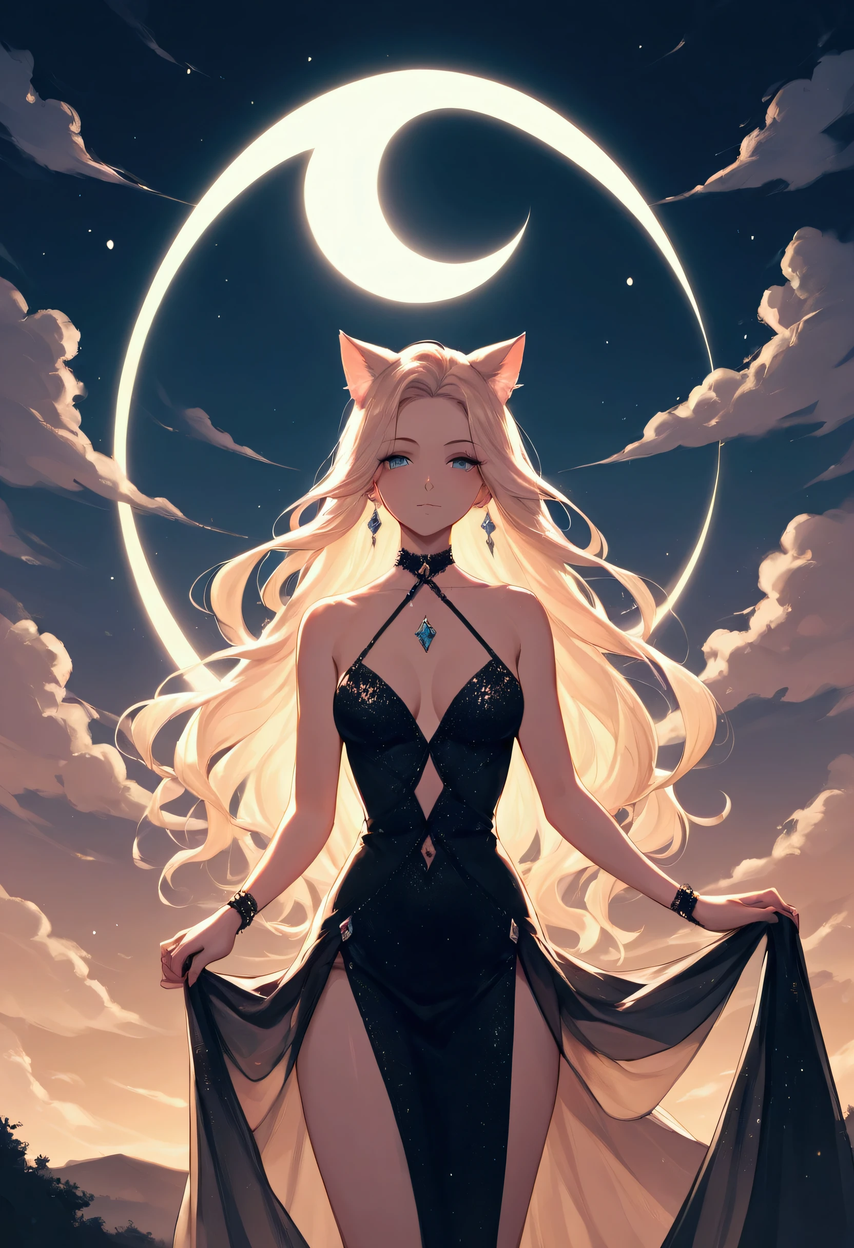 score_9, score_8_up, score_7_up, score_6_up, score_5_up, score_4_up, a picture of a beautiful woman, with cat ears, long hair, wearing black silk dress, studded with diamonds,  small cleavage, it is night, the moon in the sky, moon rays caress her, silhouette, Haute_Couture