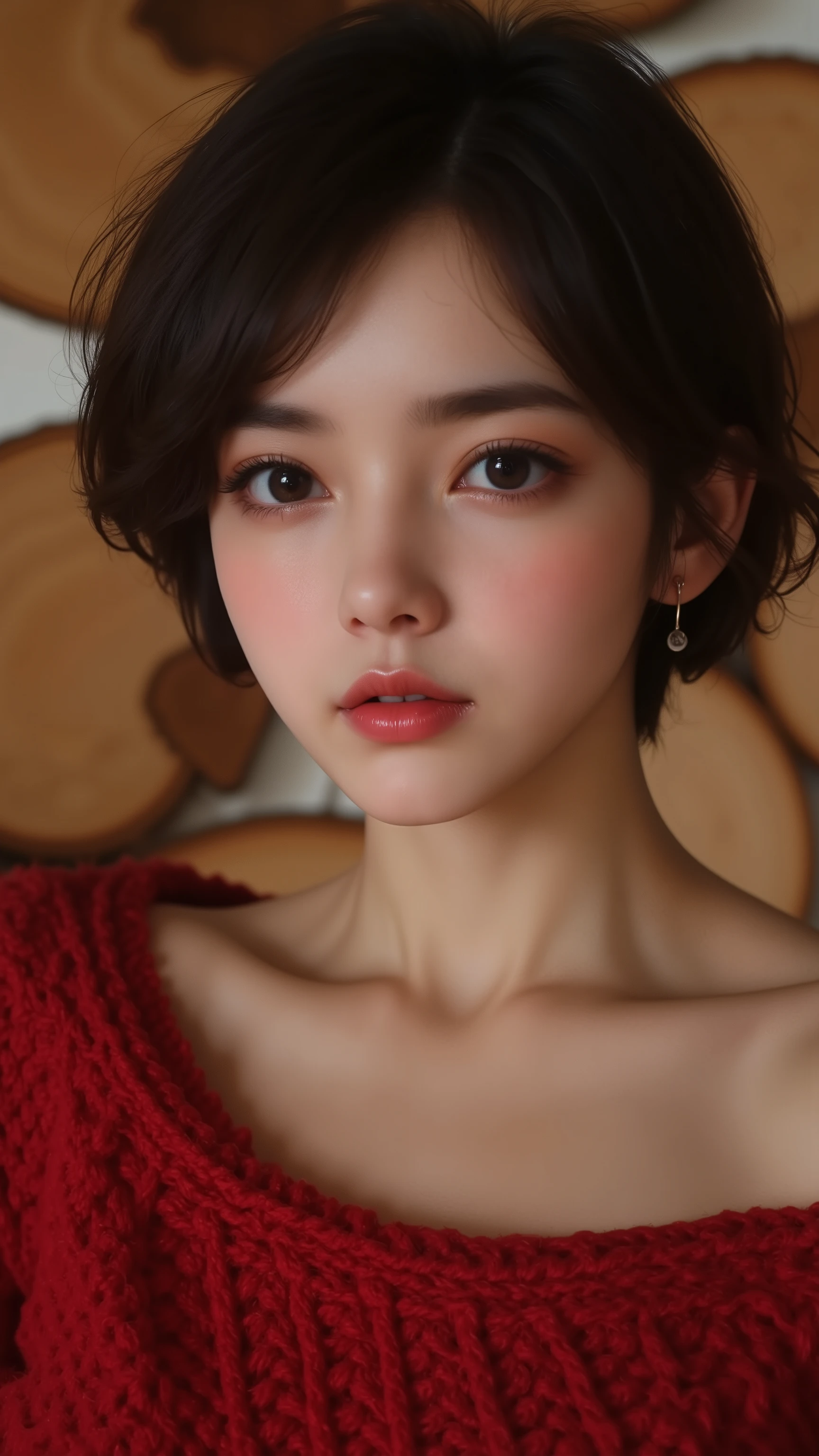  The image of a young woman with short, dark slightly twisted hair. Her expression is serious and somewhat pessimistic. She has white skin, dark eyes, and dark eyebrows. Her lips are a natural pink tone.
She is wearing a simple red knit sweater that is slightly off-shoulder. The sweater seems to have a comfortable and casual style. The background is out of focus, but it shows large circular pieces of wood with wood grains and dark rings, suggesting a cross section of the tree trunk. The wood has a simple, natural appearance. The texture of the background contrasts with the smooth skin of the subject.