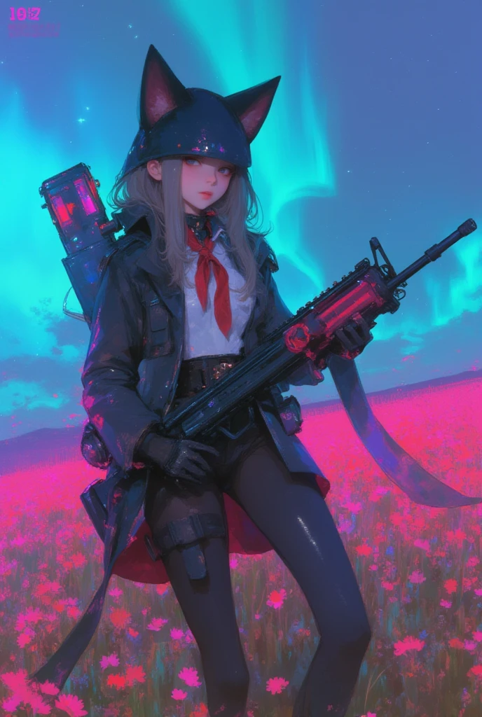   armed girl soldier with a machine-gun in a field of flowers wearing a cat ear helmet , wearing a cat ear helmet , Aurora in the sky 、 Cyberpunk Art by Mike  "Beeple" Shopman   ,   amazing realism  ,   retro punk nature wave defender, masterpiece    Spectacular Retrowave Art  ,    synthwave art style, Spectacular Retrowave Art  ,  Contrast