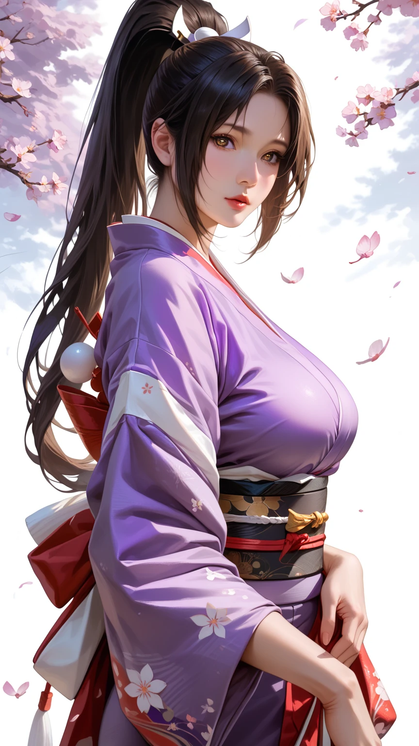 score_9,score_8_up,score_7_up,high res image,masterpiece,best quality,realistic,Mai Shiranui,(plump:1.7),(black pupil:1.2),(brown black hair:1.3),(High ponytail:1.3),(kimono:1.4),(purple clothes:1.4),