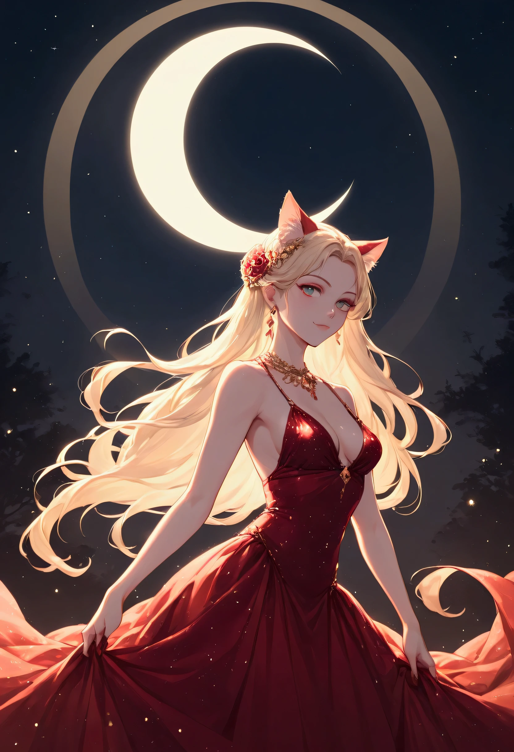 score_9, score_8_up, score_7_up, score_6_up, score_5_up, score_4_up, a picture of a beautiful woman, with cat ears, long hair, wearing red silk dress, studded with diamonds, small cleavage, it is night, the moon in the sky, moon rays caress her, silhouette, Haute_Couture